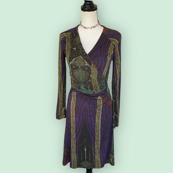 Etro Italy Purple Green Multi Paisley Long Sleeve V-Neck Dress sz 42 M US 6 - Picture 14 of 14